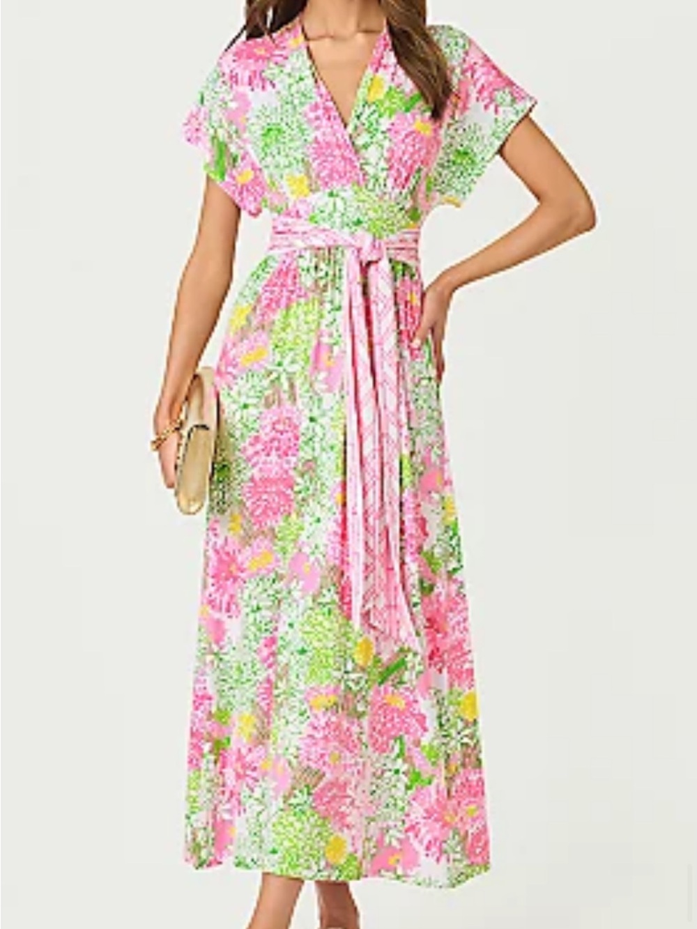 Lilly Pulitzer Pink, Green and Yellow Floral Wrap Maxi Dress